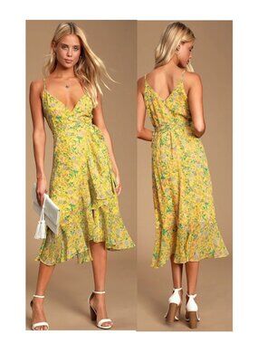Lulus Alexandria Yellow Floral Print Midi Wrap Dress Size XL NWOT